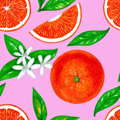 Orange fruit with leaves and flowers on a pink background. Fruit seamless pattern design for paper, packaging, textile, wallpaper.