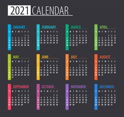 2021 Calendar - illustration. Template. Mock up. Week starts on Sunday