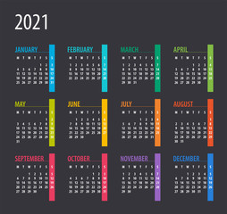 2021 Calendar - illustration. Template. Mock up. Week starts on Monday