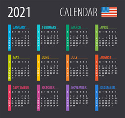 2021 Calendar - illustration. Template. Mock up. American version