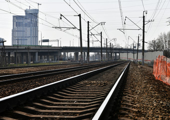 Fototapeta na wymiar railway tracks at a small suburban railway station