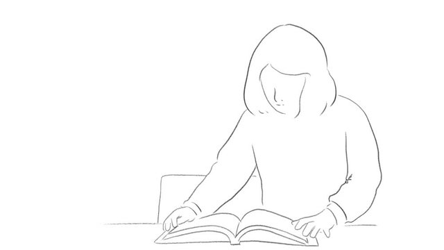 Girl reading a book. Open the book and sit down to read it. Line drawing
