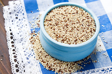 Organic quinoa grains in blue ceramic bowl, Gluten free. Concept Healthy food. Seeds of Chenopodium quinoa