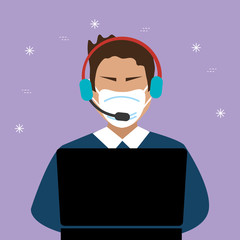 man agent call center with face mask and laptop vector illustration design