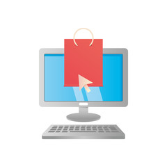 shopping online concept, computer with shopping bag and cursor, detailed style
