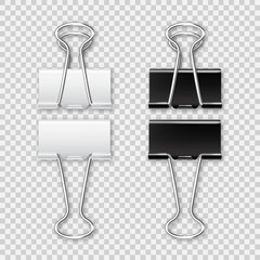 Realistic paper binders collection. Metal paper clip, holder. Design mockup. Vector illustration.