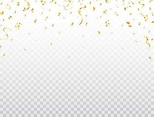 Confetti golden frame. Shiny party background. Glitter gold confetti falling on transparent background. Bright festive tinsel. Celebration holiday design elements for web, flyer. Vector illustration