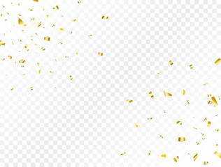 Fototapeta premium Confetti golden splash. Glitter gold confetti falling on transparent background. Shiny party frame. Bright festive tinsel. Celebration holiday design elements for web, flyer. Vector illustration