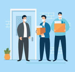 businessmen unemployed and boxes with objects vector illustration design