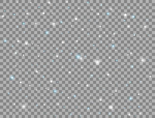 Glow light effect on transparent background. Bright white and blue sparkles. Glitter magic dust particles. Shining stars composition. Sun flash. Christmas decoration. Vector illustration