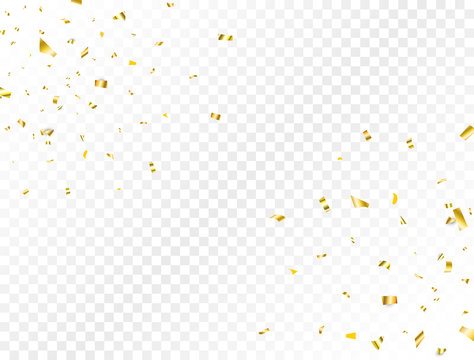 Confetti golden splash. Glitter gold confetti falling on transparent background. Shiny party frame. Bright festive tinsel. Celebration holiday design elements for web, flyer. Vector illustration