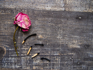 dead matches and a faded rose on the wooden table