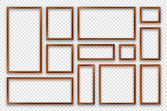 Realistic blank wooden picture frames collection. Modern poster mockup. Empty photo frame with texture of wood. Vector illustration.