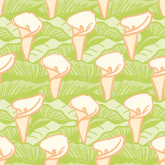 Calla Lily seamless vector pattern. Floral illustration in yellow, orange and green.