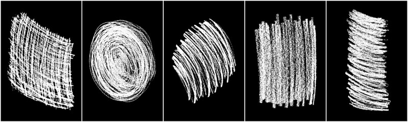 Set of scribble hand drawn in chalk on black background. Shabby white texture. Monochrome stain element. Rusted effect. Digitally generated image. Vector illustration, Eps 10.