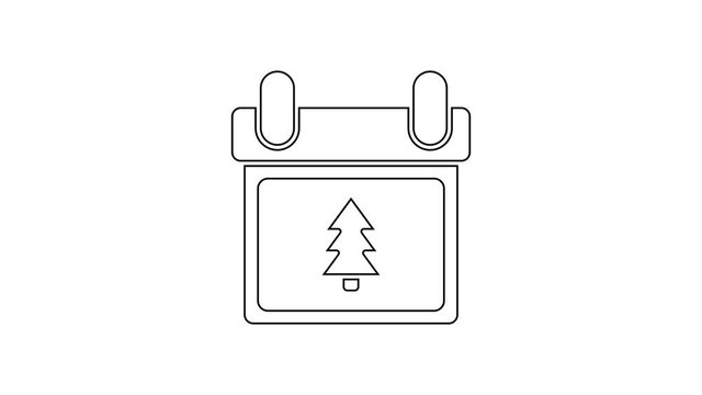 Black line Calendar with tree icon isolated on white background. Event reminder symbol. Merry Christmas and Happy New Year. 4K Video motion graphic animation