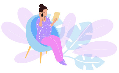 Pregnant woman sits and talking by mobile phone looking at a sheet of paper. Flat style vector illustration