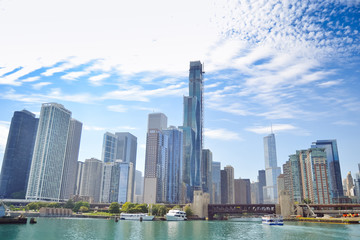 Fototapeta na wymiar CHICAGO, USA - september 19, 2019 Cityscape image of Chicago downtown. View from Chicago River cruise boat, travels towards Lake Michigan