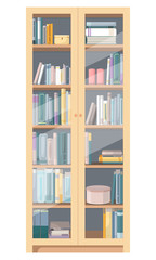 Vector illustration of bookshelf isolated on white background. Pastel colors, many different books. 
Stylish home library for interior.