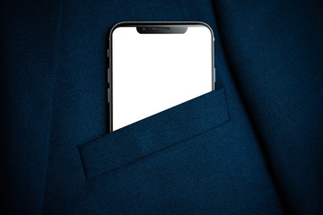 Black smartphone with white screen in men suit pocket close up. Copy space, mockup - 339651394