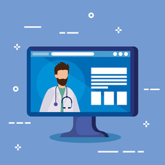 medicine online technology with computer and doctor vector illustration design