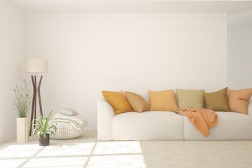 White living room with sofa. Scandinavian interior design. 3D illustration