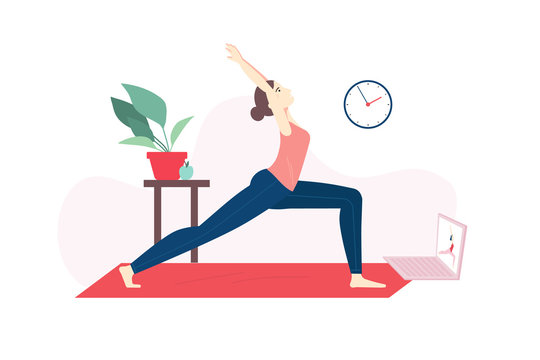 Yoga Online Course Concept. Girl Doing Yoga Online At Home Using Her Laptop. Vector Flat Cartoon Illustration