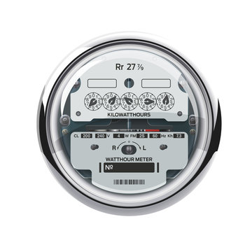 Analog electric meter isolated. Older Analog Dial Meter for 200 Amp electrical service. Voltmeter round shape with a clear plastic cover. Meter clearly showing the kilowatt-hours of consumed energy.