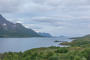 Impressive summer view of fjord in Norway. Colorful morning scene in Norway. Beauty of nature concept background.