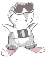 Cute pink baby penguin cartoon on skis