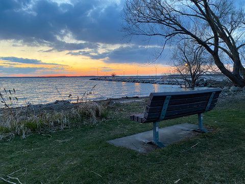 Blue Hour Sunset On The Lake Pier Bench