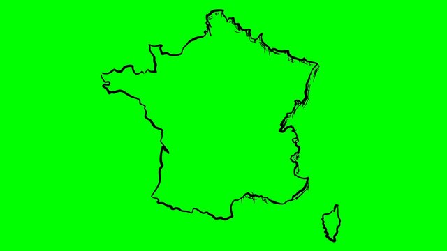 France drawing outline map green screen isolated