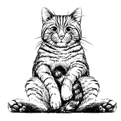 Cat. Wall sticker. Realistic, color, artistic portrait of a sitting cat in watercolor style on a white background.