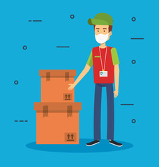 delivery worker using face mask with boxes vector illustration design