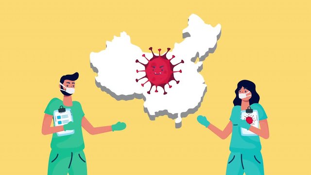 doctors couple using face mask fighting with covid19 particle in china map