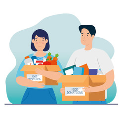 couple with boxes of charity donation vector illustration design