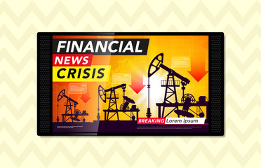 TV on the wall and the latest financial news, the crisis and oil prices in the world. Schedule for lower oil prices. Vector illustration