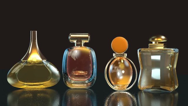 3d animation perfume bottles rotate on glass table with copy space on black background