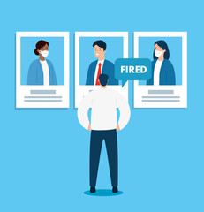 man of back with photos of people fired vector illustration design