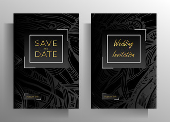 Design wedding invitation card set. A strict concept in black with hand-drawn textural elements. Vector 10 EPS.