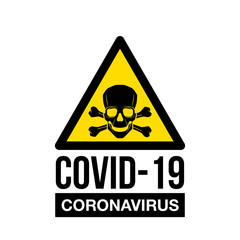 Coronavirus warning and attention icon sticker. Exclamation yellow mark skull danger sign, COVID19 or nCoV epidemic and pandemic symbol. biohazard flat logo template for medical Infographic sticker