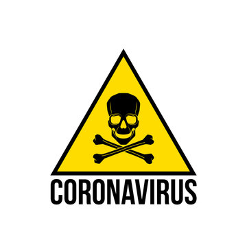 Coronavirus warning and attention icon sticker. Exclamation yellow mark skull danger sign, COVID19 or nCoV epidemic and pandemic symbol. biohazard flat logo template for medical Infographic sticker