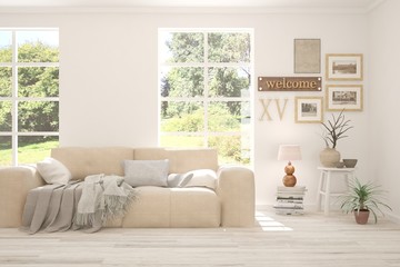 White minimalist living room with sofa. Scandinavian interior design. 3D illustration