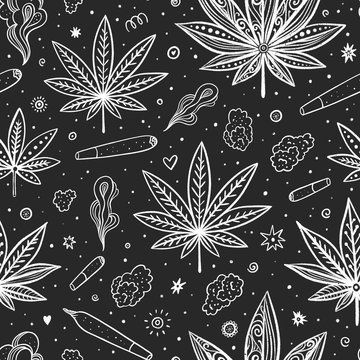 Hand drawn doodle seamless pattern with cannabis equipment on Chalkboard. Weed background.