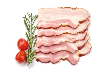 Pork brisket slices, smoked meat, isolated on white background