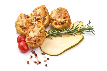 Baked loaded potatoes with bacon, isolated on white background