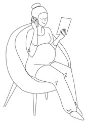 Pregnant woman sits and talking by mobile phone looking at a sheet of paper. Line style vector illustration