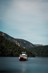 Barge crossing Pirihueico lake, Chile