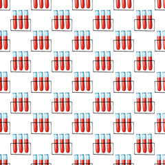 Watercolor test tubes with blood on a stand seamless pattern on white background. Hand-drawn colorful medical object endless print for your design. Wallpaper.