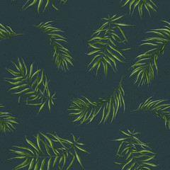 Seamless pattern with watercolor palm leaves. Summer palm leaf pattern. Botanical endless background. Leaf illustration. Perfect for textile, fabrics, invitation, postcards, website design, wallpaper.